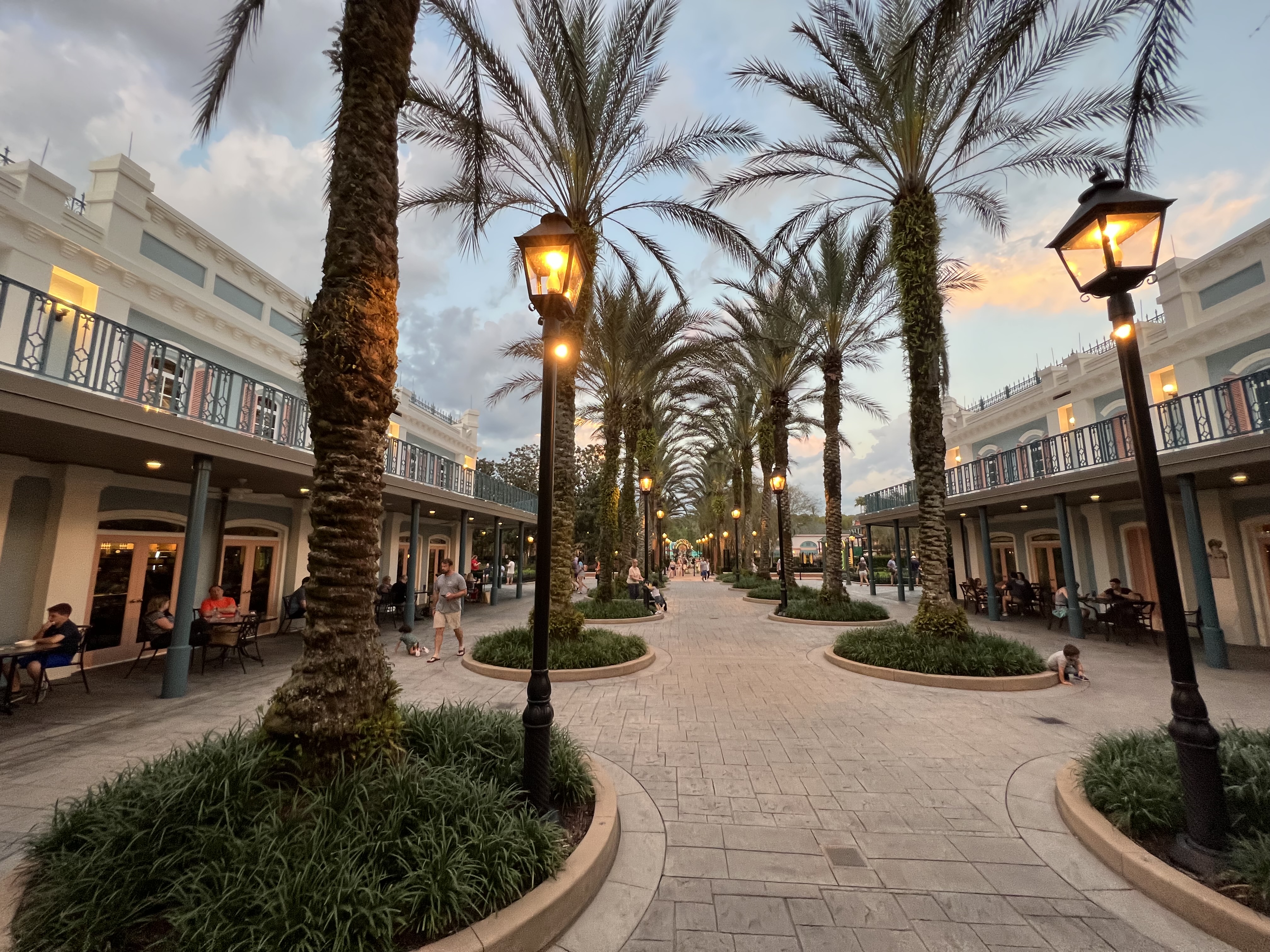 A picture in the early evening down a street at Port Orleans French Quarter.